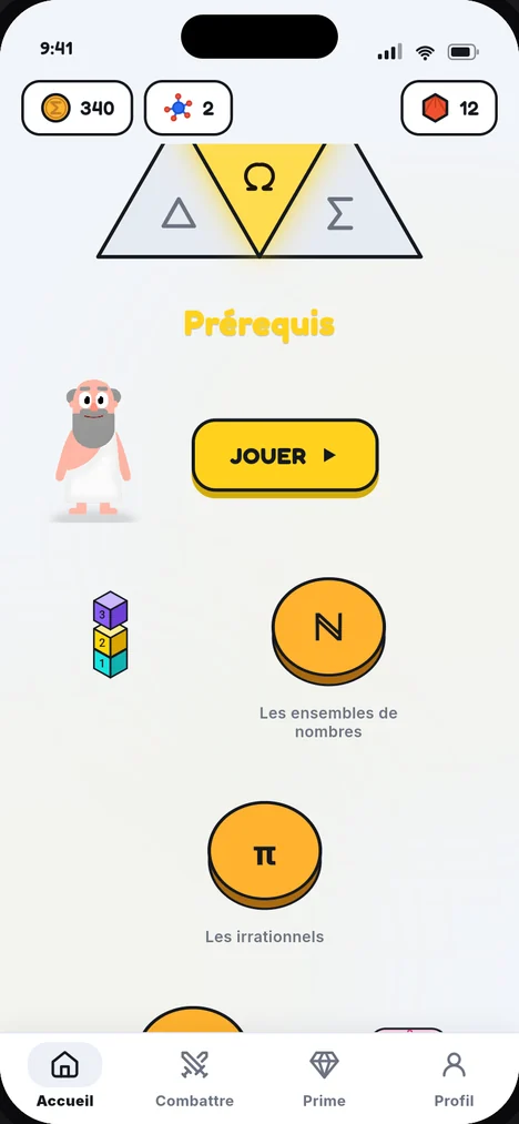 Écran d'accueil d'AXIOM : les quatre univers en triangle, puis la carte des niveaux en zigzag.