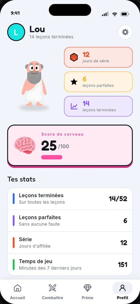 Écran profil d'AXIOM : série en cours, trophées et statistiques de progression.